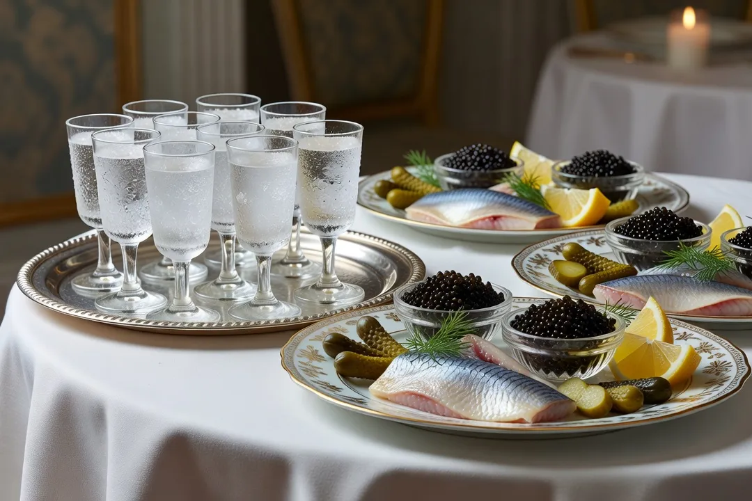 Petits verres à vodka glacés disposés à côté de zakouski russes hareng et caviar