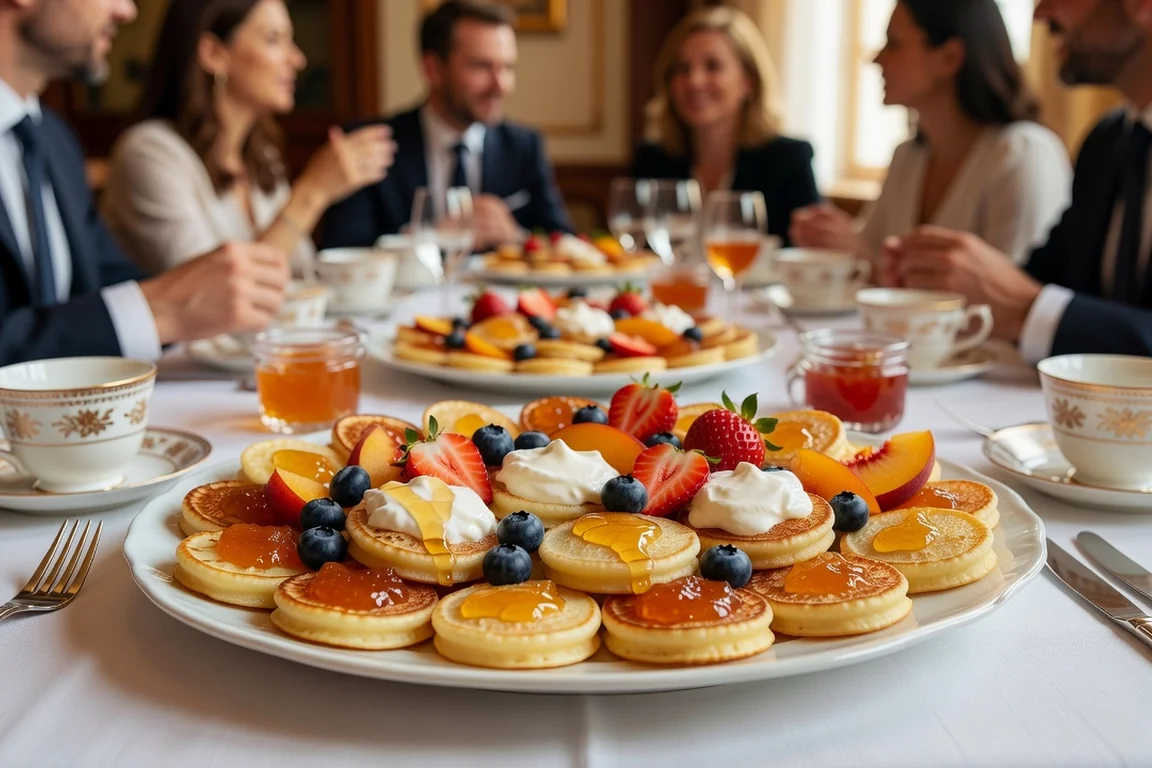 Plateaux de mini blinis sucrés garnis de confiture, miel, smetana et fruits frais sur une table de goûter d'anniversaire