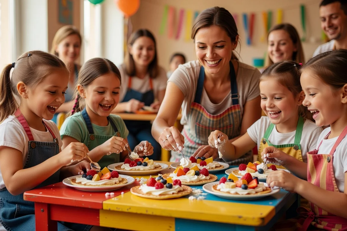 Enfants décorant des blinis avec de la smetana et des fruits lors d'un atelier culinaire d'anniversaire, animatrice à leurs côtés