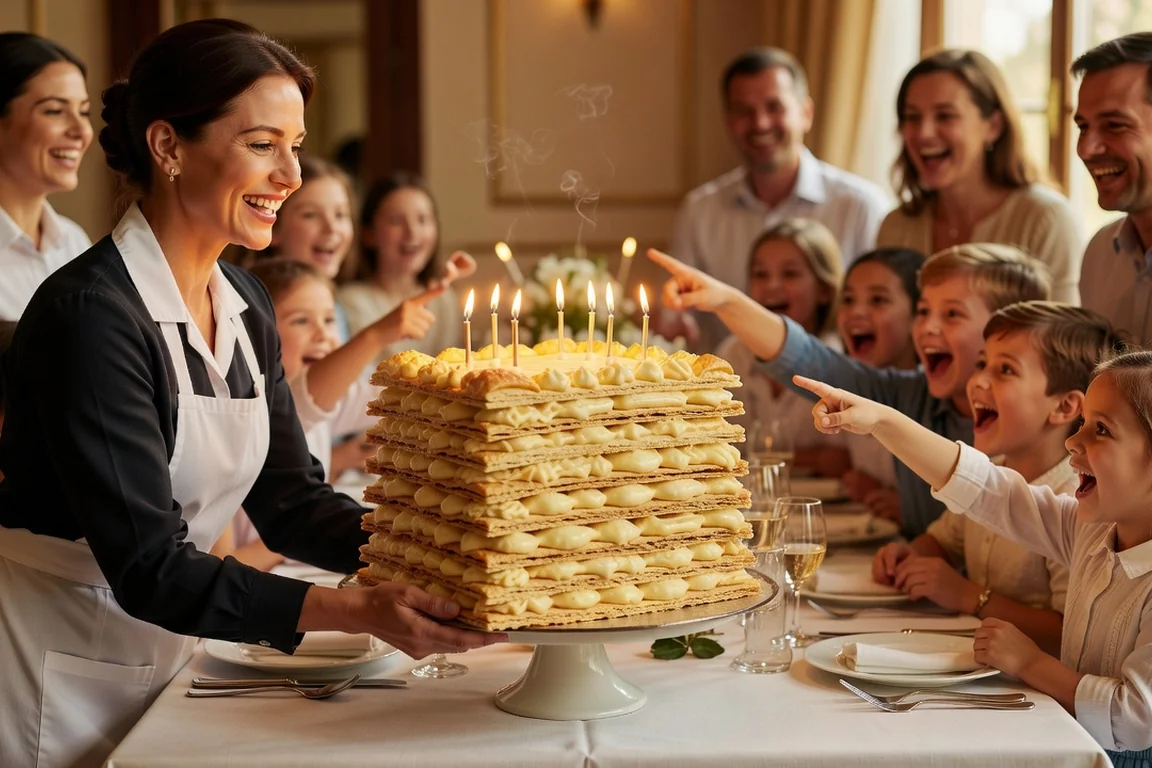 Gâteau Napoléon russe aux bougies d'anniversaire présenté par une serveuse devant des enfants rassemblés