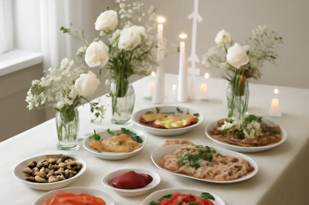 Réception familiale après un baptême orthodoxe russe avec buffet froid et décoration sobre en blanc