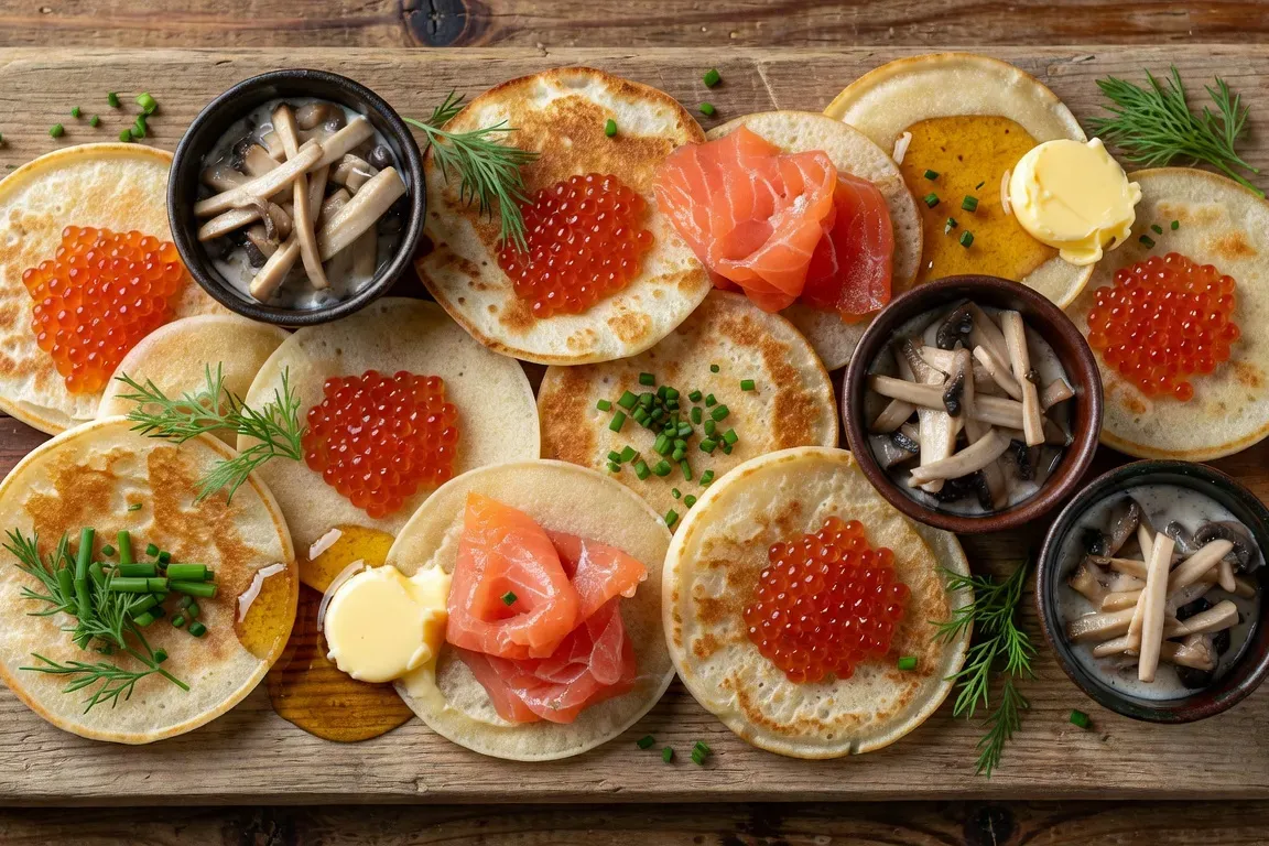 Blinis garnis variés sur ardoise noire : saumon, caviar, crème fraîche, champignons