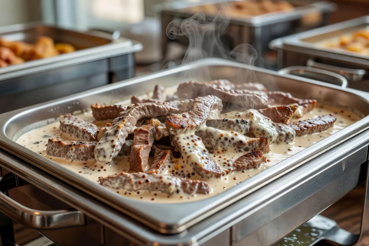 Bœuf Stroganov en sauce crémeuse servi en buffet dans un bain-marie professionnel