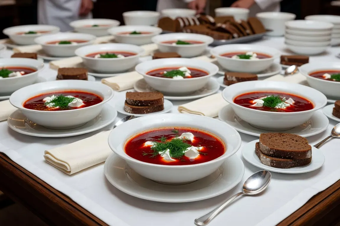 Service du bortsch en soupière, avec aneth, pain noir et smetana sur table dressée
