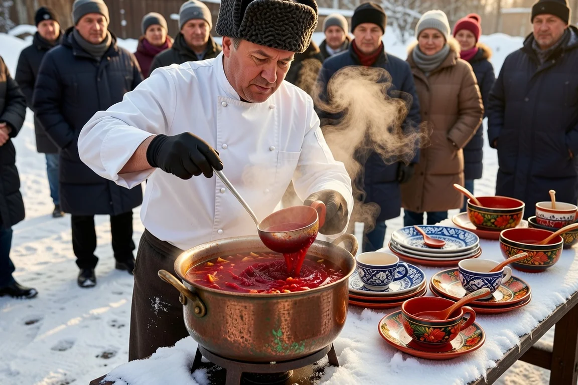 Chef en tenue d'hiver servant du bortsch fumant en tasse à anse depuis une marmite en cuivre sur un buffet extérieur enneigé