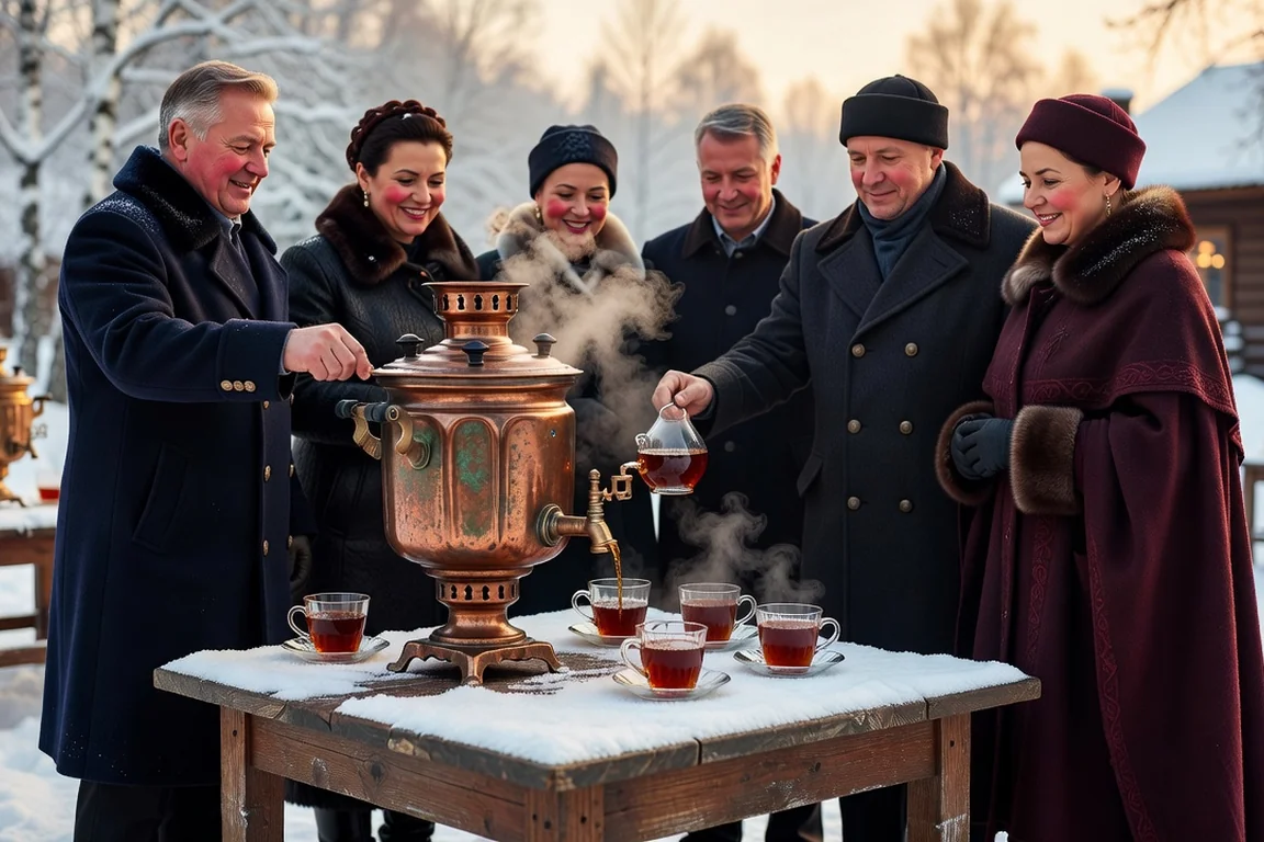Samovar en cuivre fumant servant le thé à des convives en manteaux d'hiver autour d'une table enneigée décorée