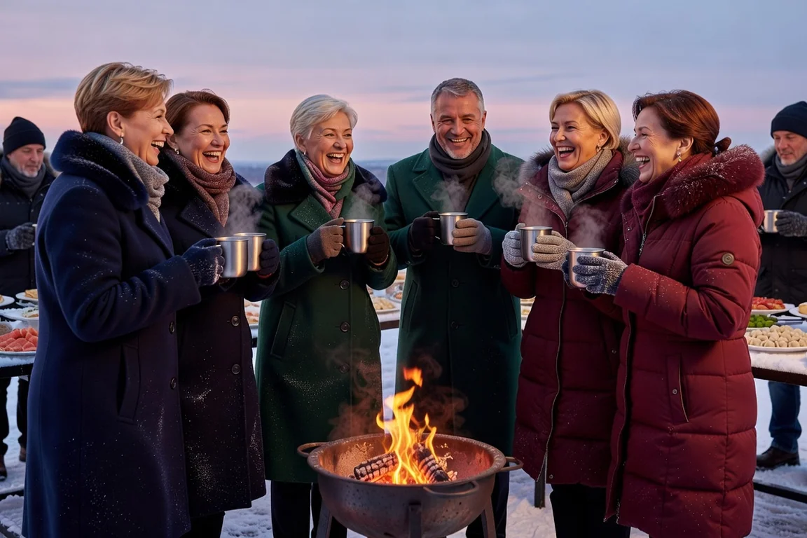Convives en manteaux d'hiver tenant des mugs fumants de sbiten autour d'un brasero devant un buffet russe enneigé