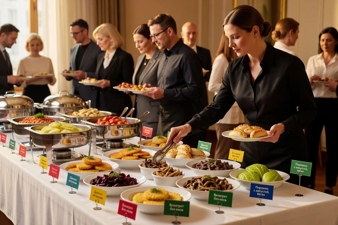 Table de buffet russe végétalienne dressée avec plats codifiés par étiquettes colorées et serveuse en service