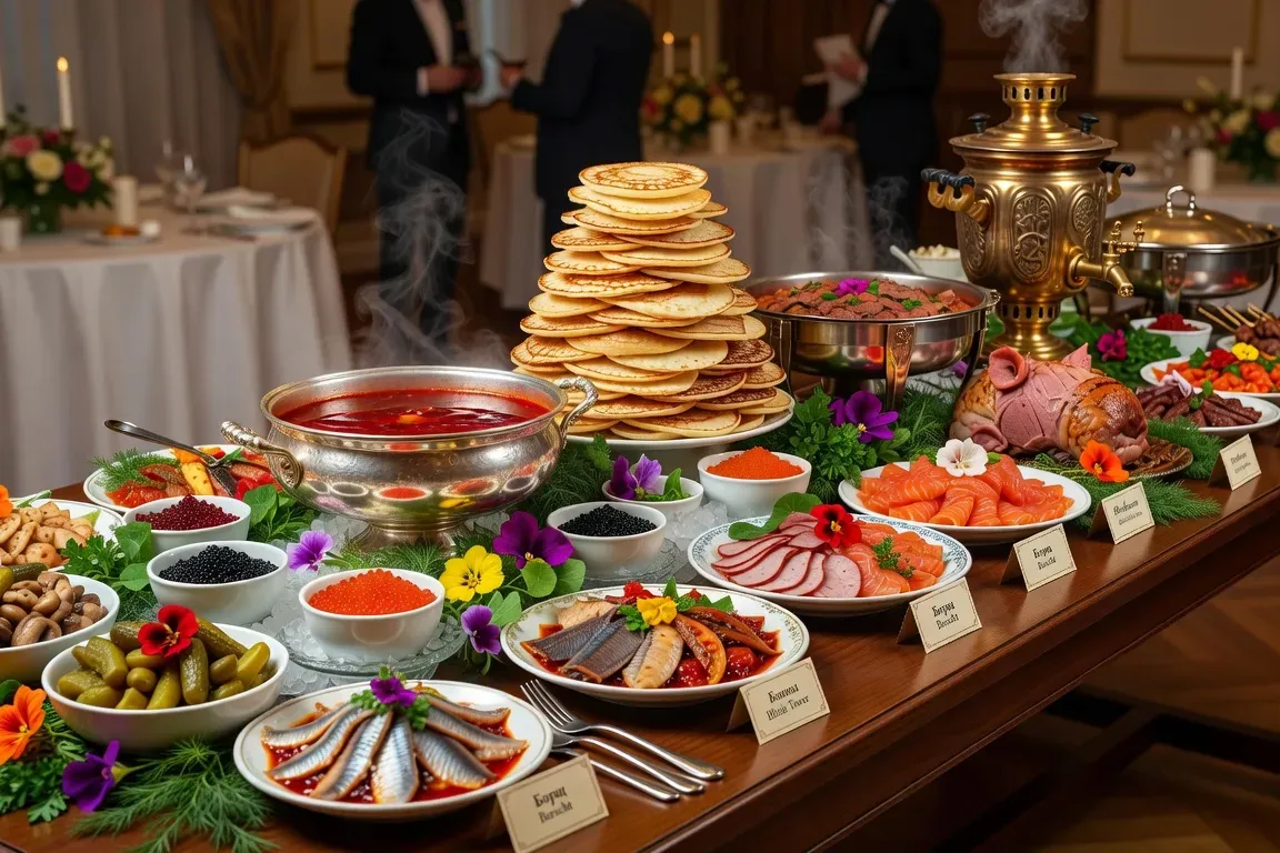 Buffet slave dressé façon traiteur professionnel avec zakouski, bortsch en soupière et samovar