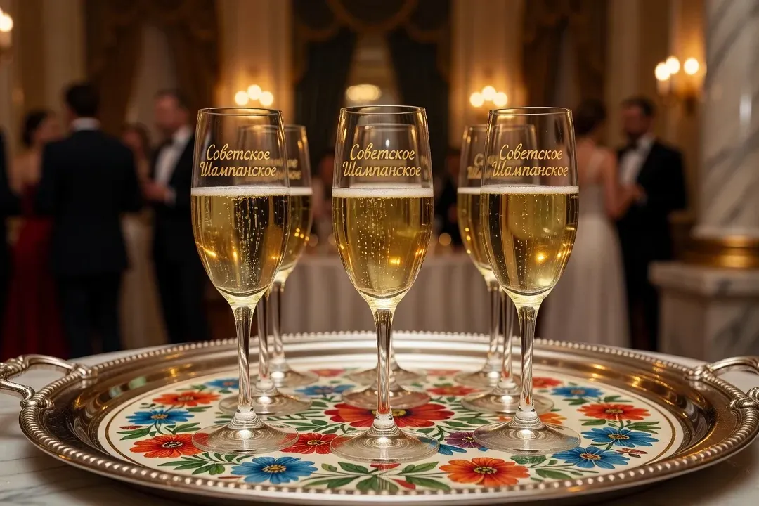 Verres de champagne soviétique sur plateau argenté, décoration florale slave, ambiance réception de prestige