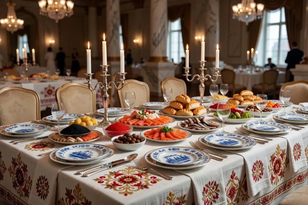 Table de réception russe formelle : nappes brodées, vaisselle porcelaine, zakouski de bienvenue, éclairage tamisé
