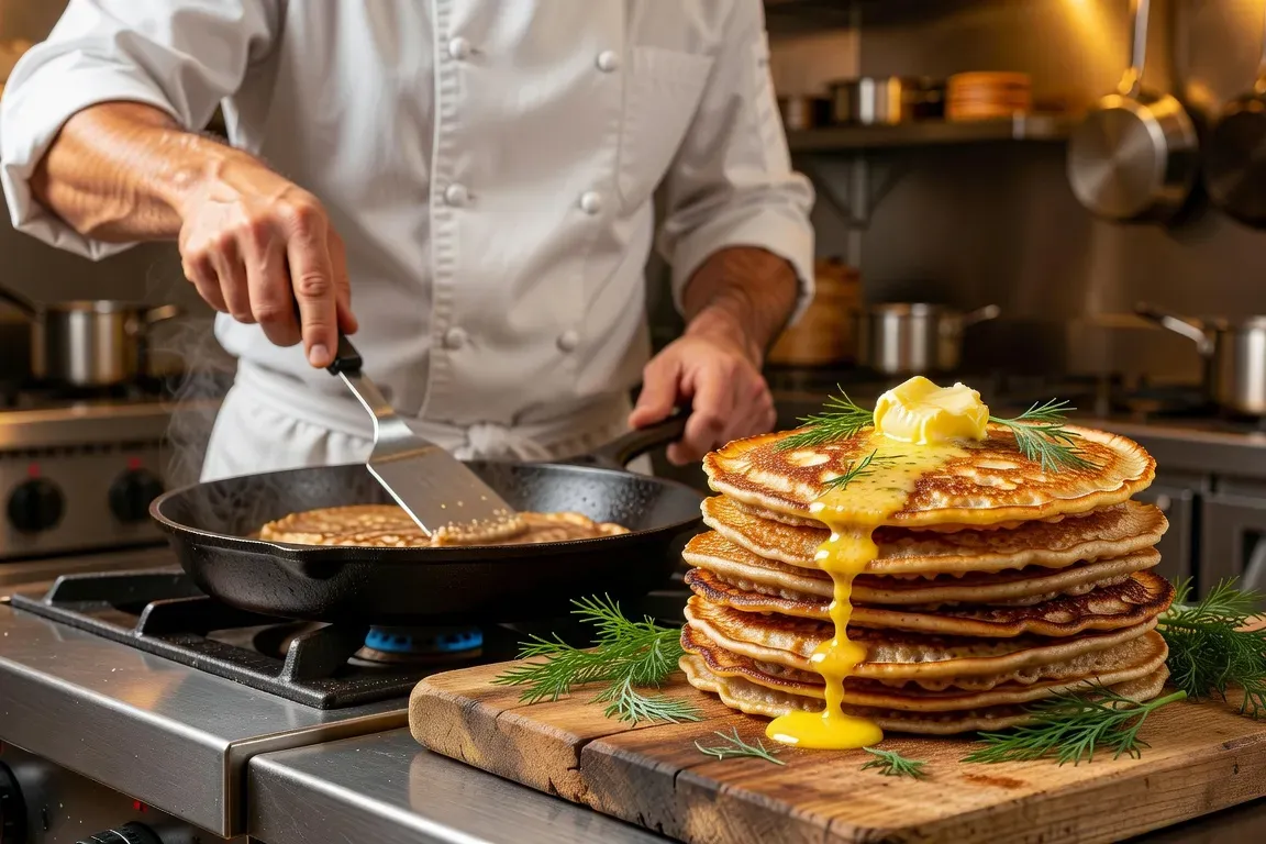 Cuisine traiteur professionnelle avec poêle de blinis en cours de cuisson, lumière chaude