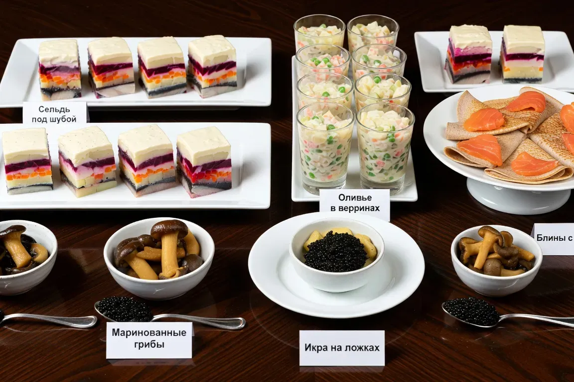 Table de zakouski professionnelle dressée pour réception : hareng, ikra, blinis, saumon