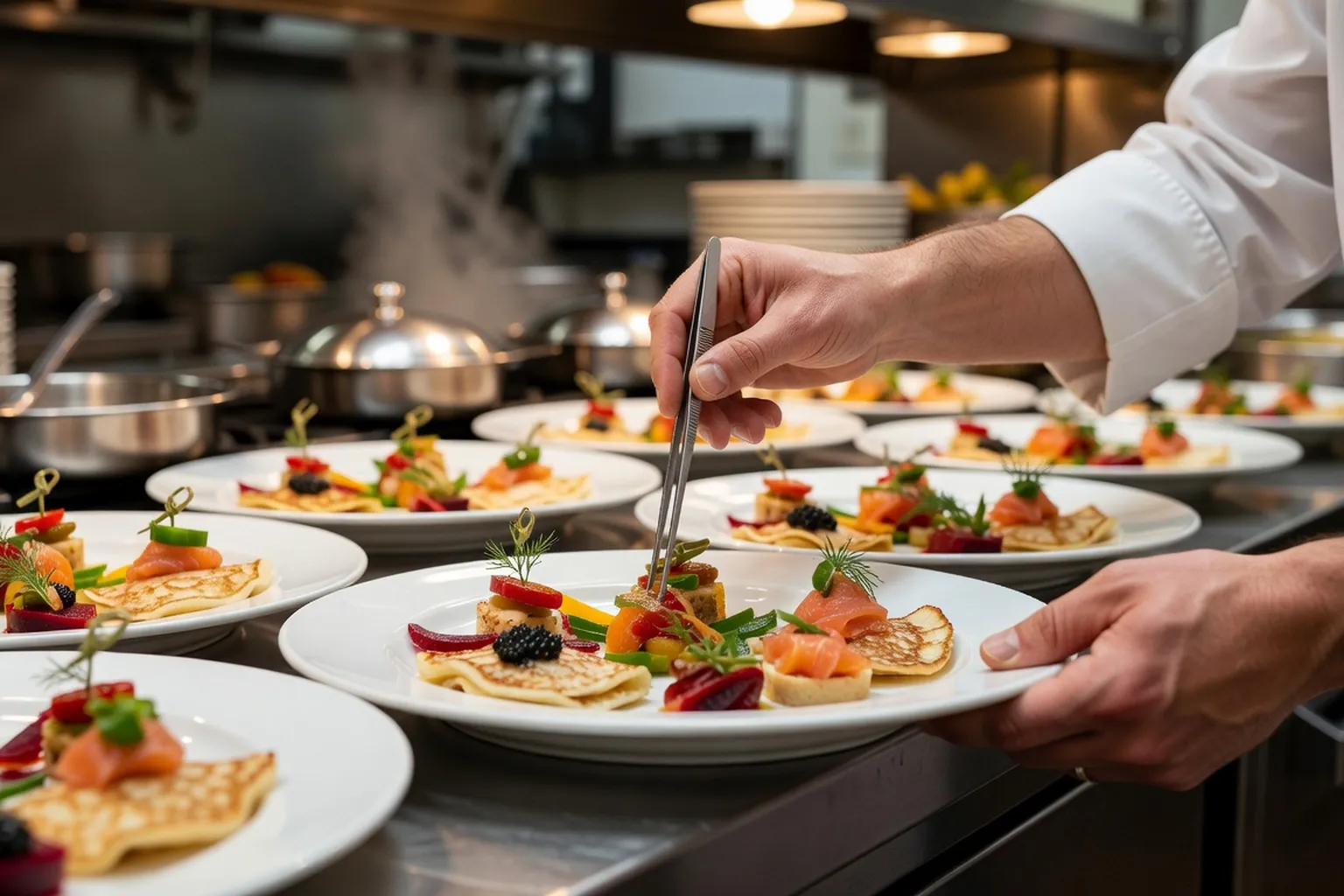 Cuisine professionnelle de traiteur russe avec préparation des zakouski