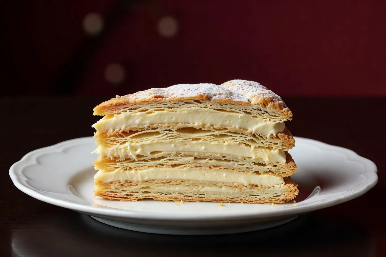 Gâteau Napoléon russe coupé révélant les couches feuilletées et crème, portion servie sur assiette porcelaine