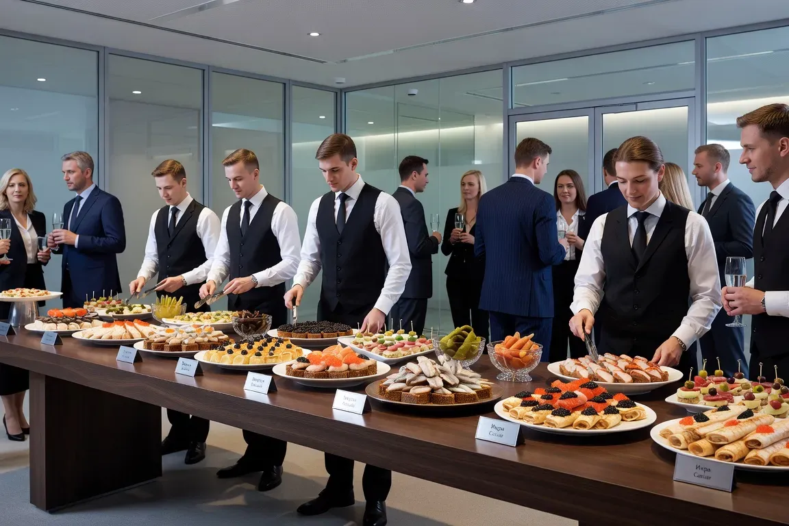 Buffet russe dressé dans une salle de séminaire corporate, tables rondes et éclairage professionnel