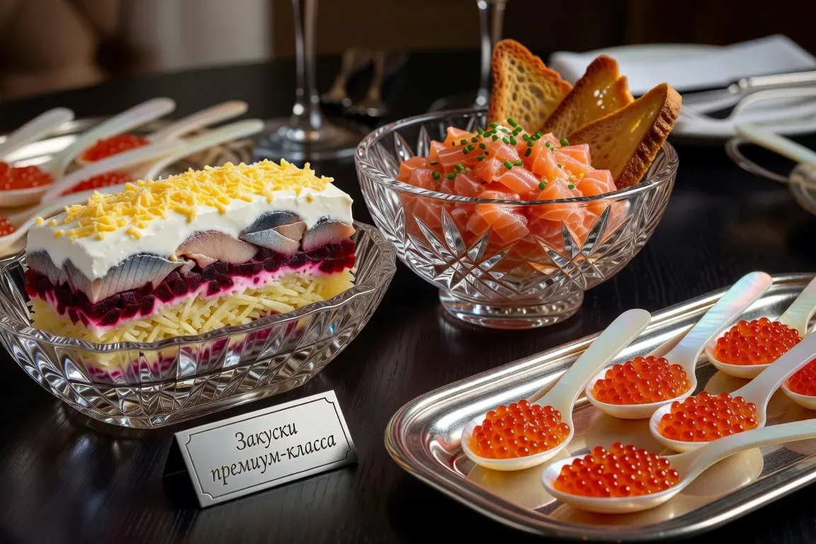 Détail d'un plateau de zakouski et blinis dressé pour service corporate, présentation soignée