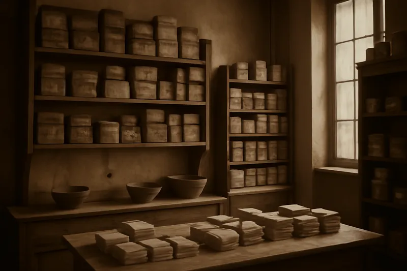 Ancien atelier de confiserie du début du XXe siècle à Lille avec étagères de boîtes et de préparations en poudre