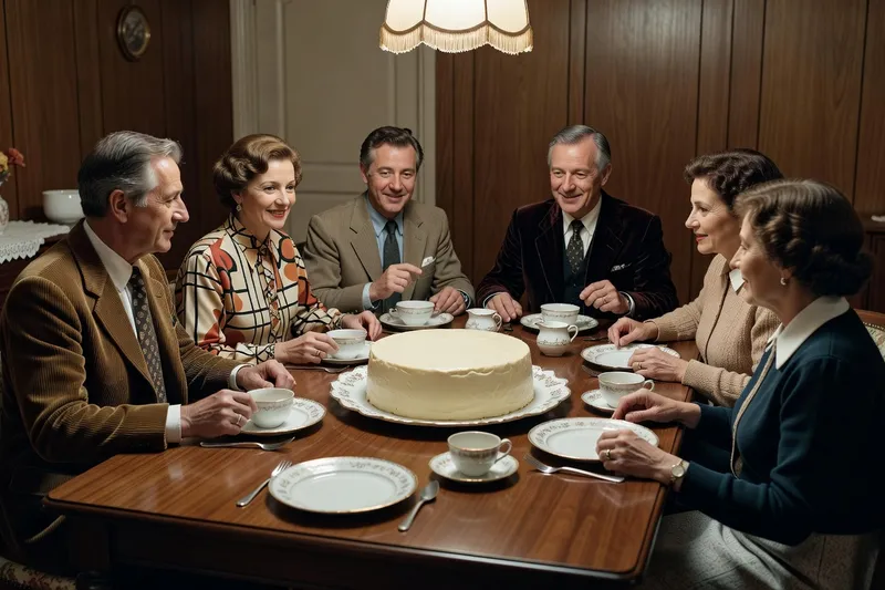 Famille française des annees 1970 reunie autour d'une table avec un entremets demoule au centre, services a cafe en porcelaine et ambiance domestique chaleureuse