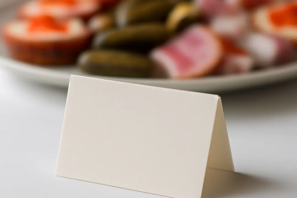 Étiquette d'information allergènes placée devant un plat de buffet russe