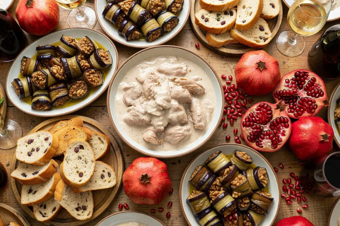 Table caucasienne festive avec sauces tkemali, herbes fraîches, pain géorgien et plats variés
