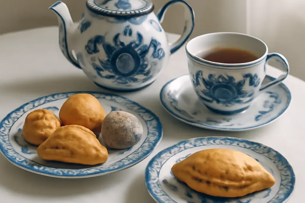 Assiettes en porcelaine gjel bleu et blanc dressées pour le service du thé et des desserts