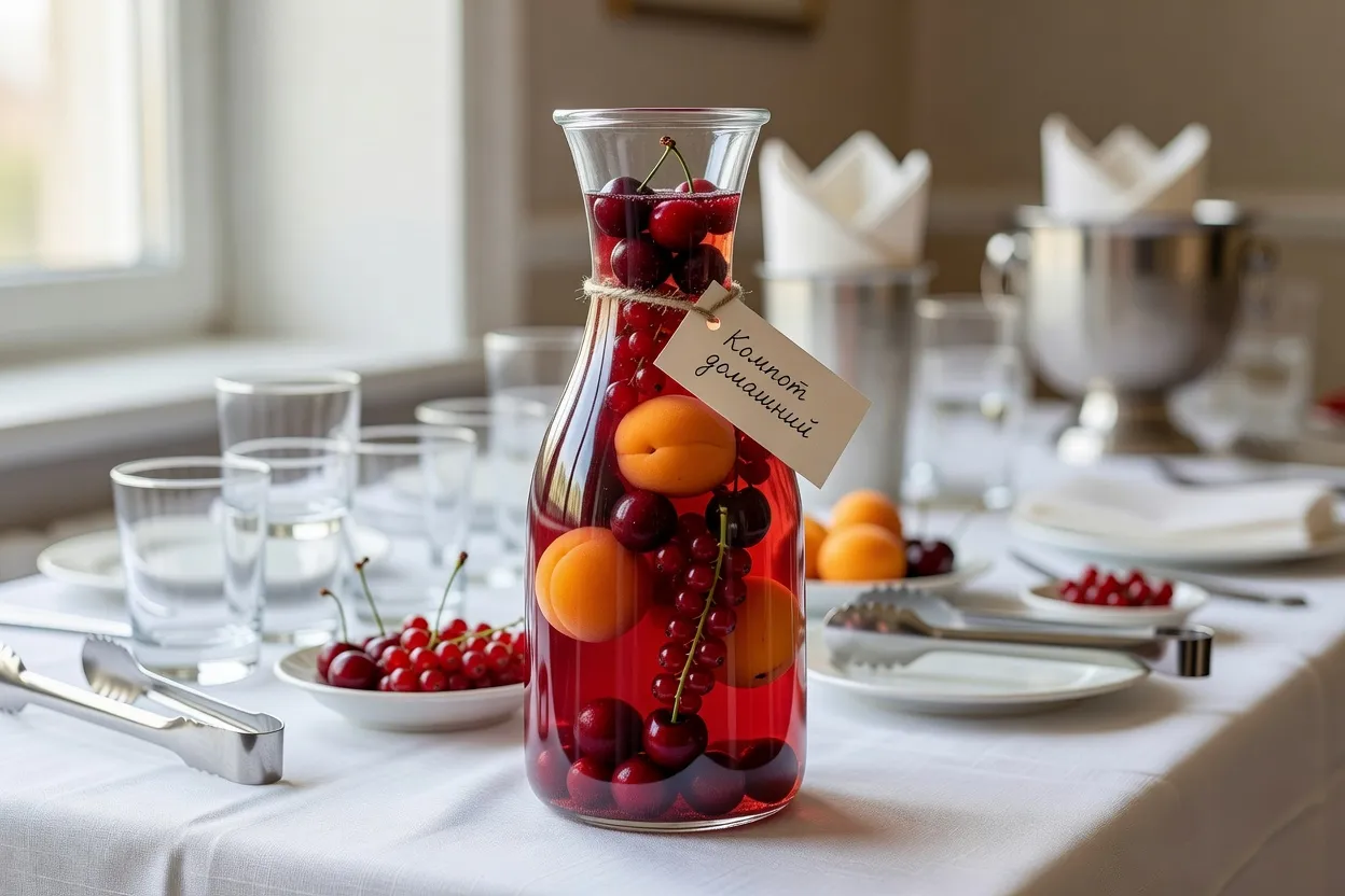 Service de kompot en carafe transparente avec fruits entiers visibles, présentation buffet non-alcoolisé, étiquettes manuscrites