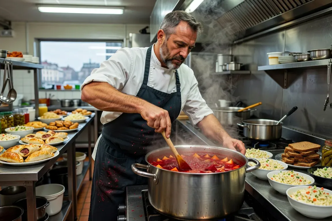 Igor Aleksandrov en action dans sa cuisine professionnelle lyonnaise, préparation de plats russes en grande quantité