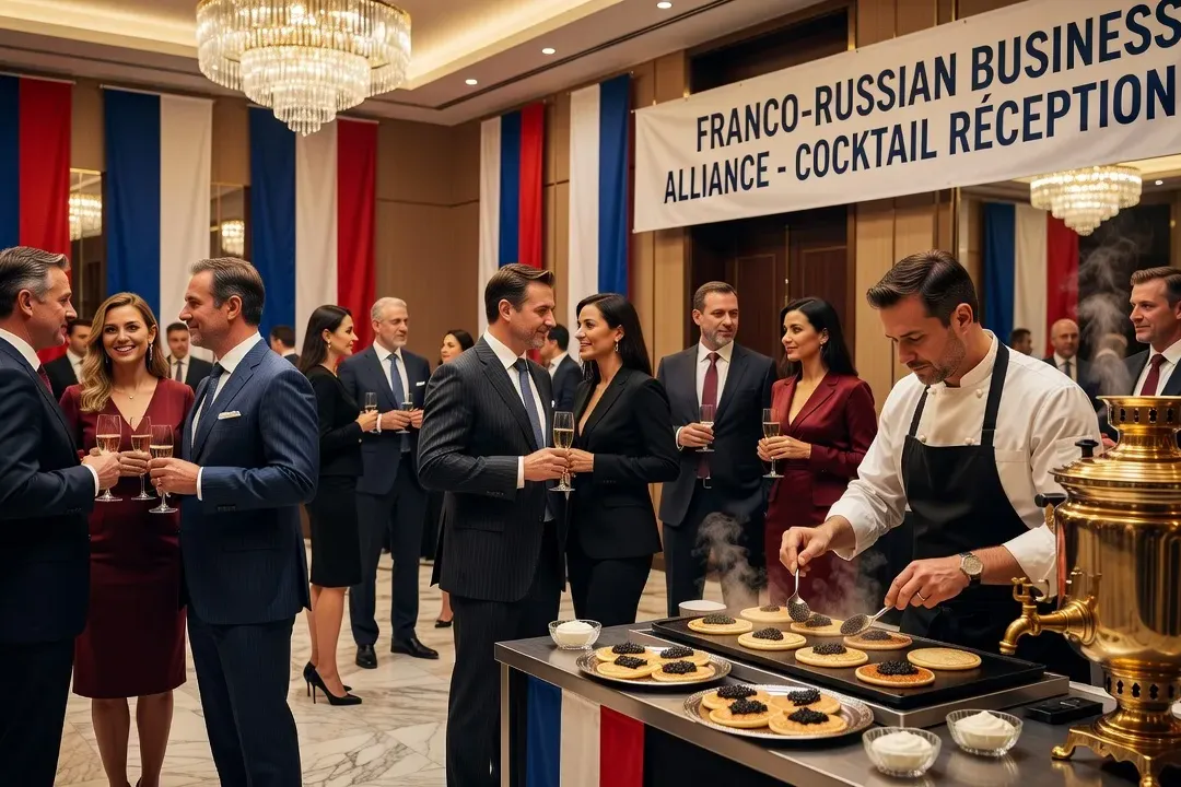 Cocktail corporate à thème russe : service blinis-caviar, décoration sobre samovar, invités en tenue professionnelle