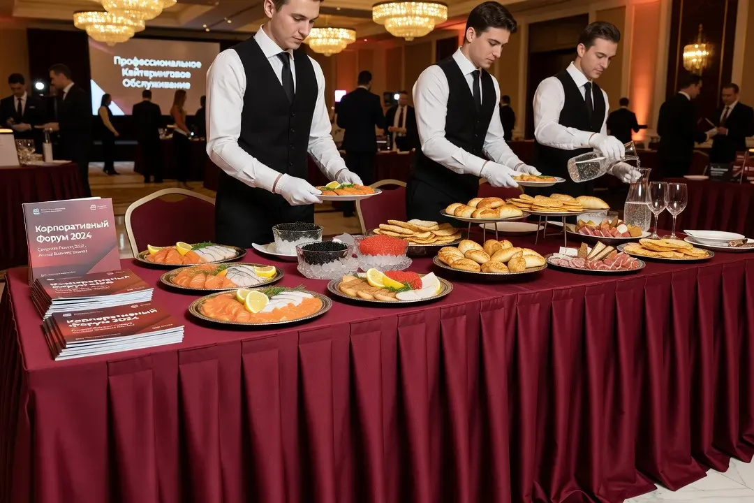 Table de buffet corporate russe : nappes bordeaux, disposition formelle, service traiteur professionnel