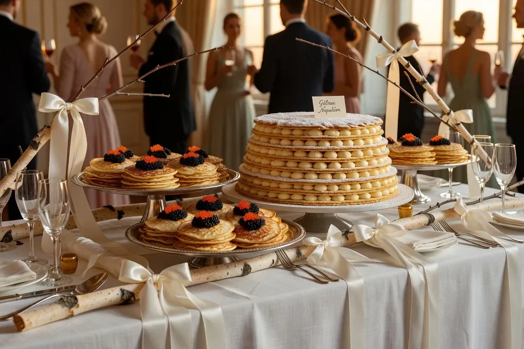 Buffet mariage franco-russe : Napoléon doré, blinis caviar, table décorée avec sarments de bouleau
