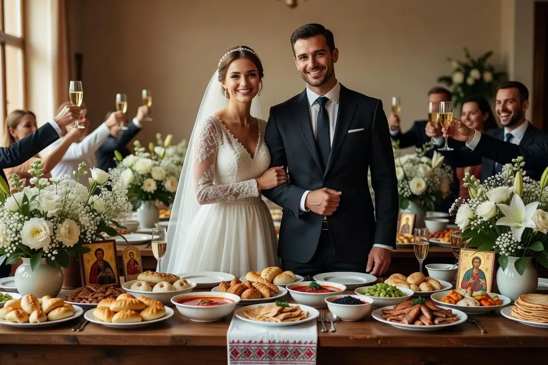 Mariés franco-russes souriant devant table de banquet slave, fleurs blanches et décorations orthodoxes