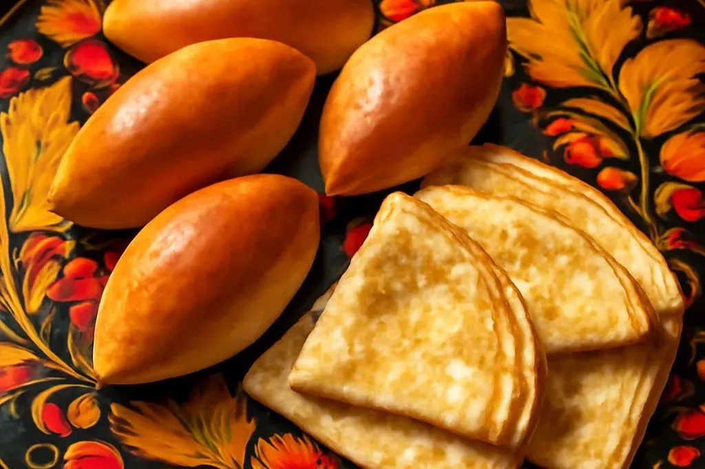 Plateau khokhloma laqué noir et doré présentant des pirojki et blinis lors d'un buffet russe