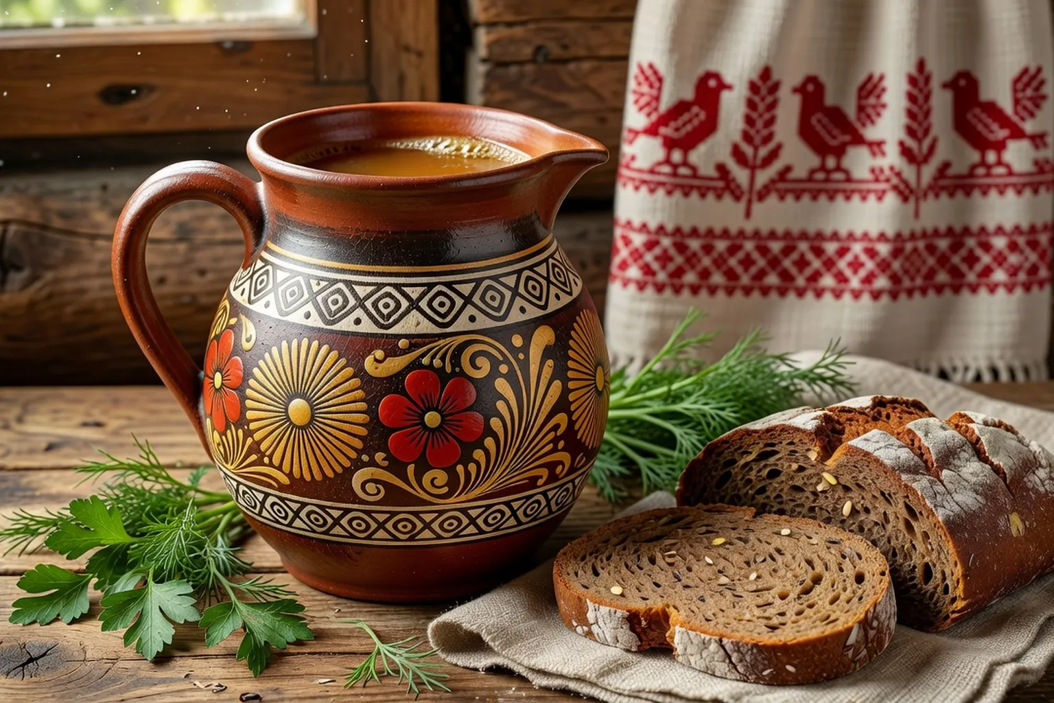 Grande jarre de kompot aux fruits rouges et cruche de kvas artisanal brun sur table de buffet russe