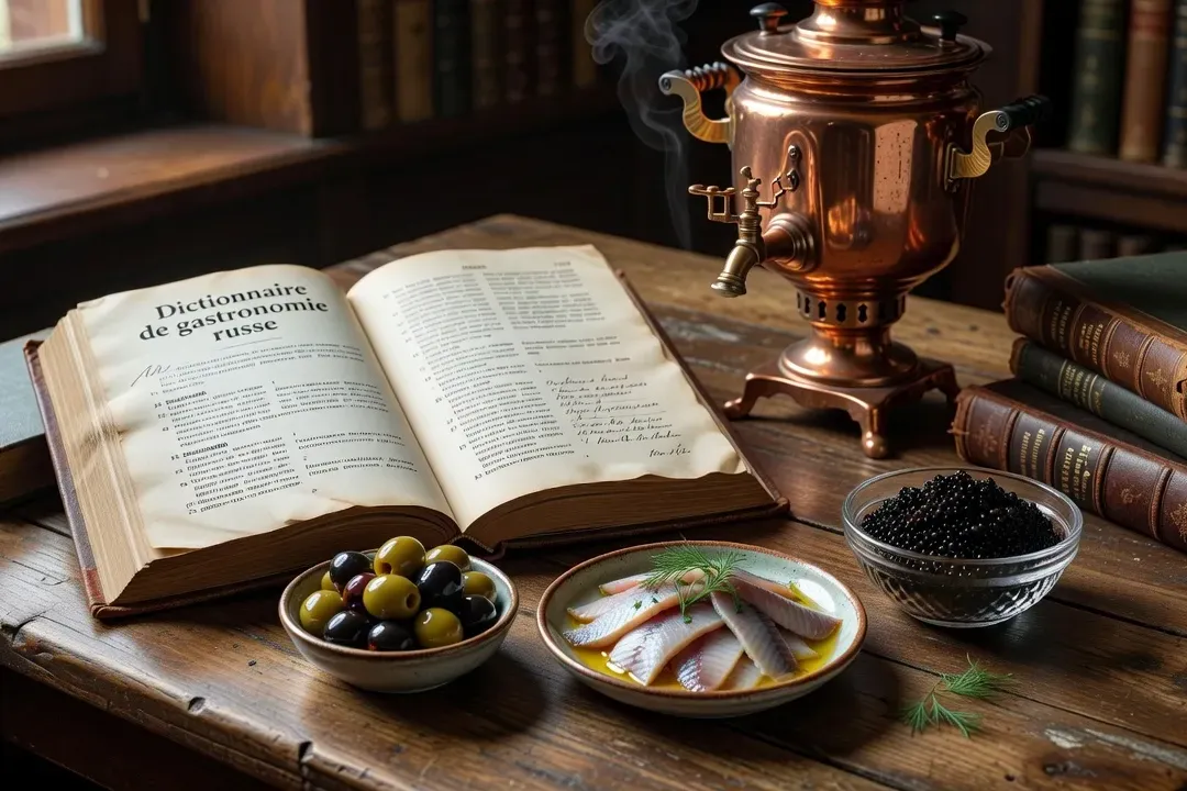 Dictionnaire ouvert sur une table avec des zakouski et un samovar, ambiance étude culinaire slave