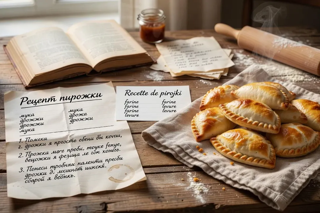 Fiche recette manuscrite en cyrillique et français avec plat de pirojki, atmosphère éducative culinaire