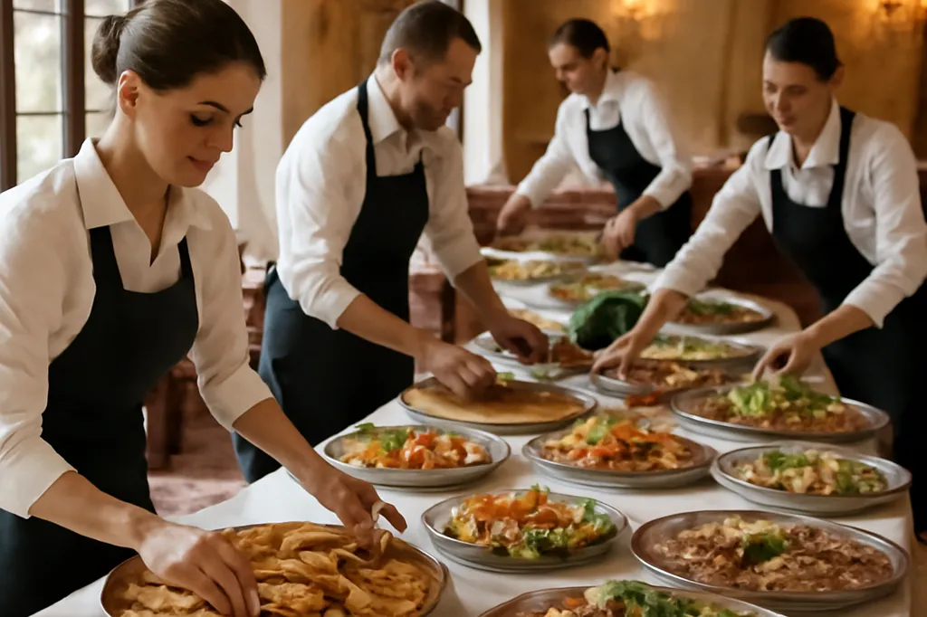Équipe de traiteur préparant un buffet russe pour un mariage en région française