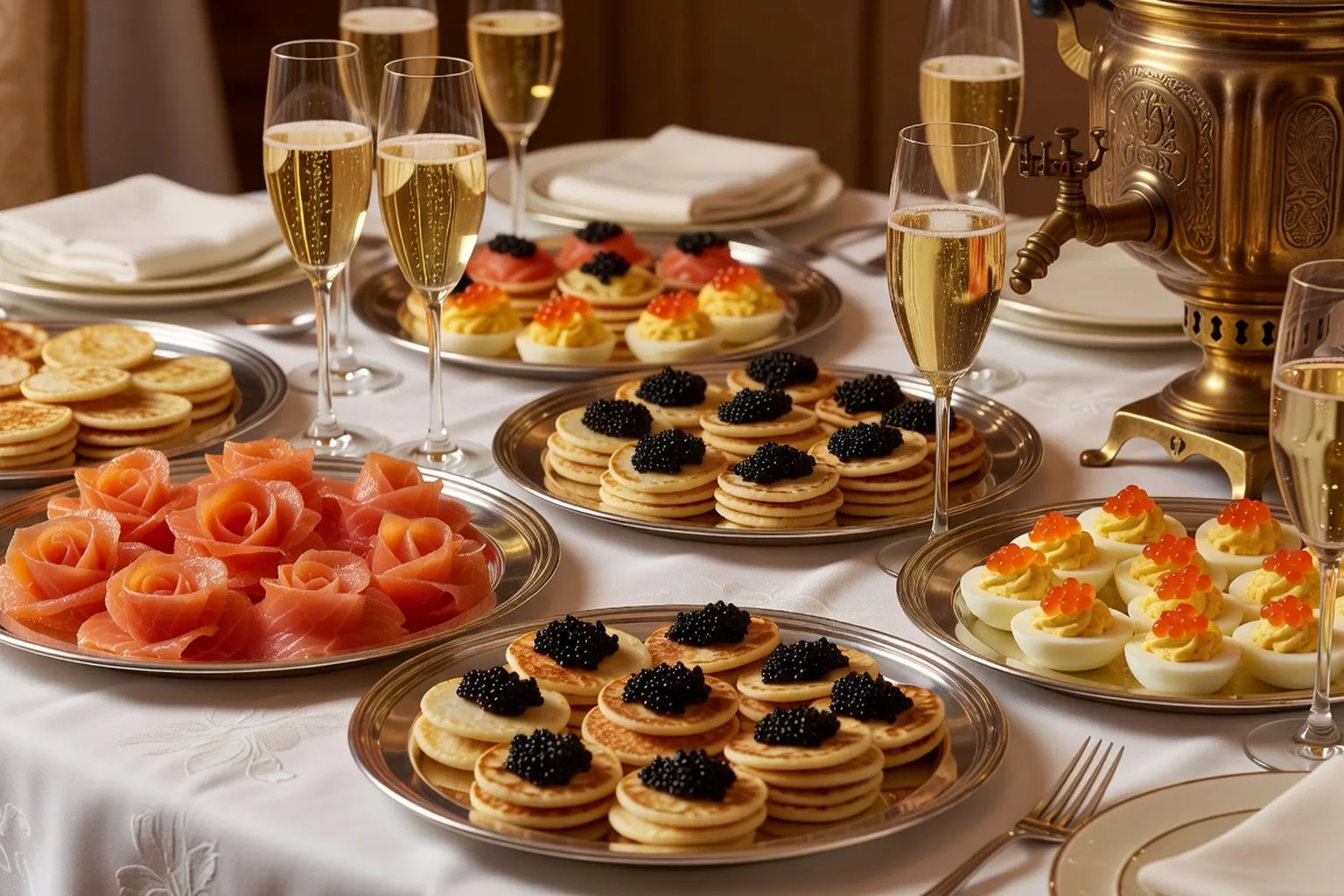 Buffet de mariage russe avec zakouski variés et samovar central