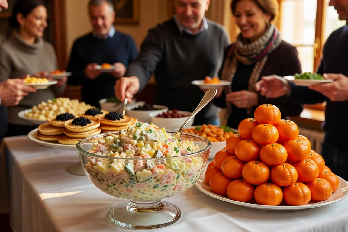 Saladier de salade Olivier et pyramide de mandarines sur buffet de réveillon russe avec blinis et caviar