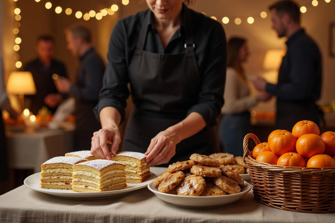 Traiteur dressant le buffet de desserts du réveillon russe avec medovik, prjaniki et corbeille de mandarines