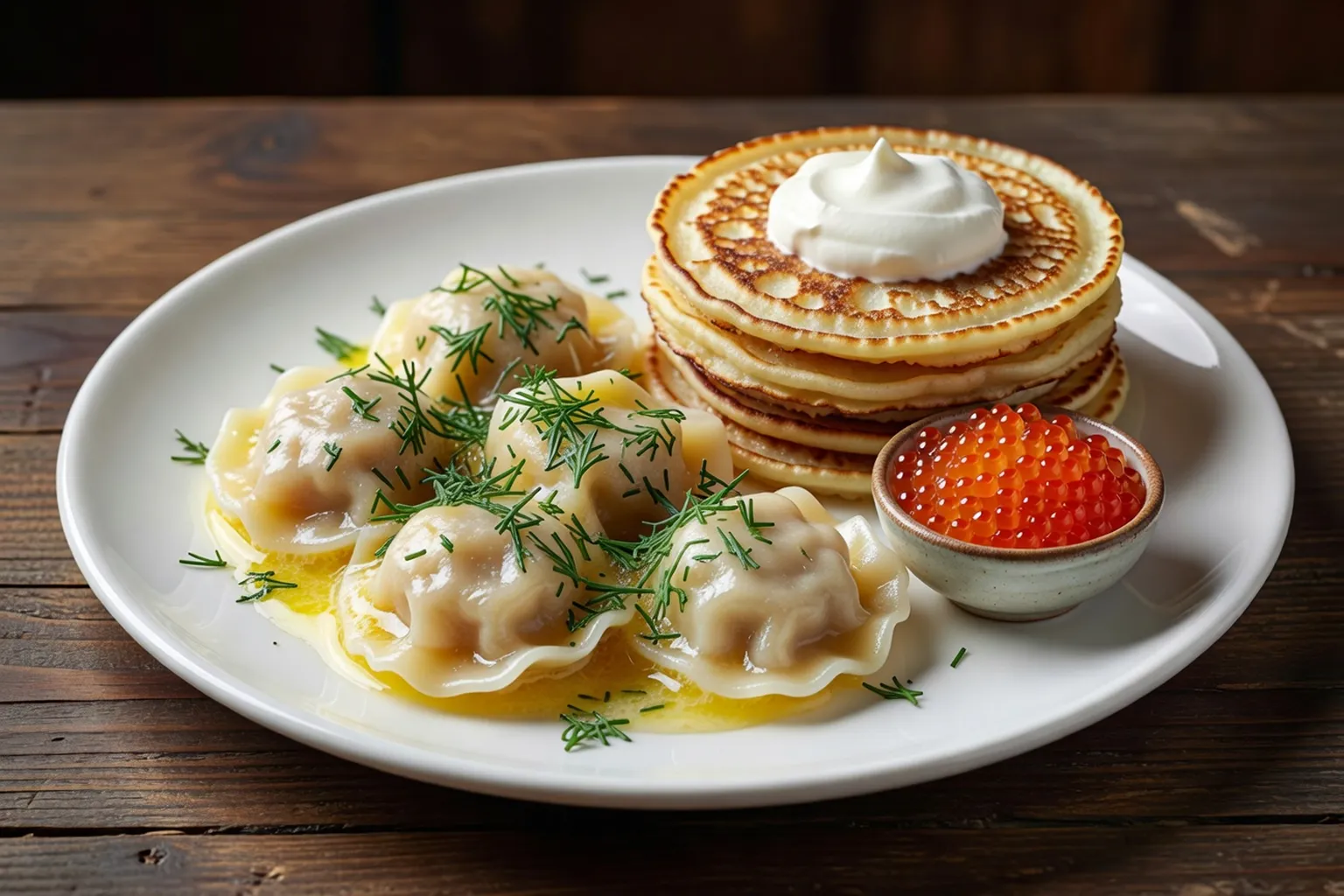 Pelmenis sibériens et blinis traditionnels servis avec smetana et caviar rouge