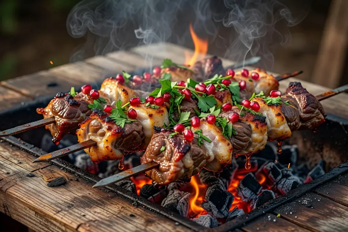Brochettes de shashlik en train de griller au charbon de bois