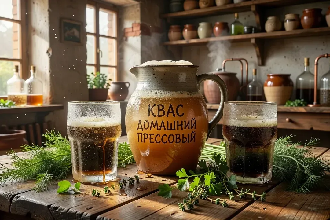 Cruche de kvas ambré et verres frais pour un repas d'été