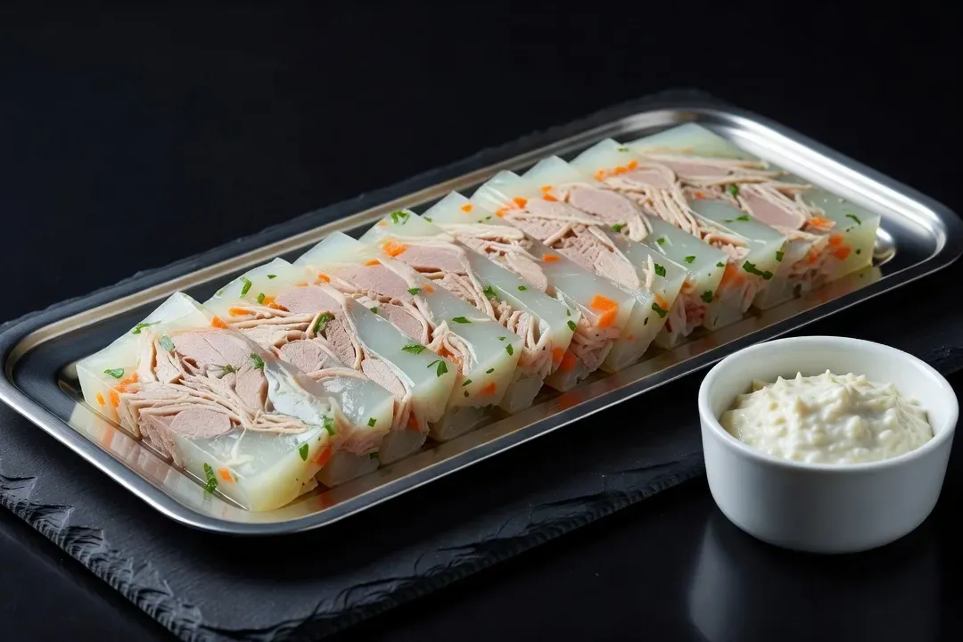 Holodets (aspic de viande) tranché, présentation buffet professionnel, sauce raifort servie en ravier