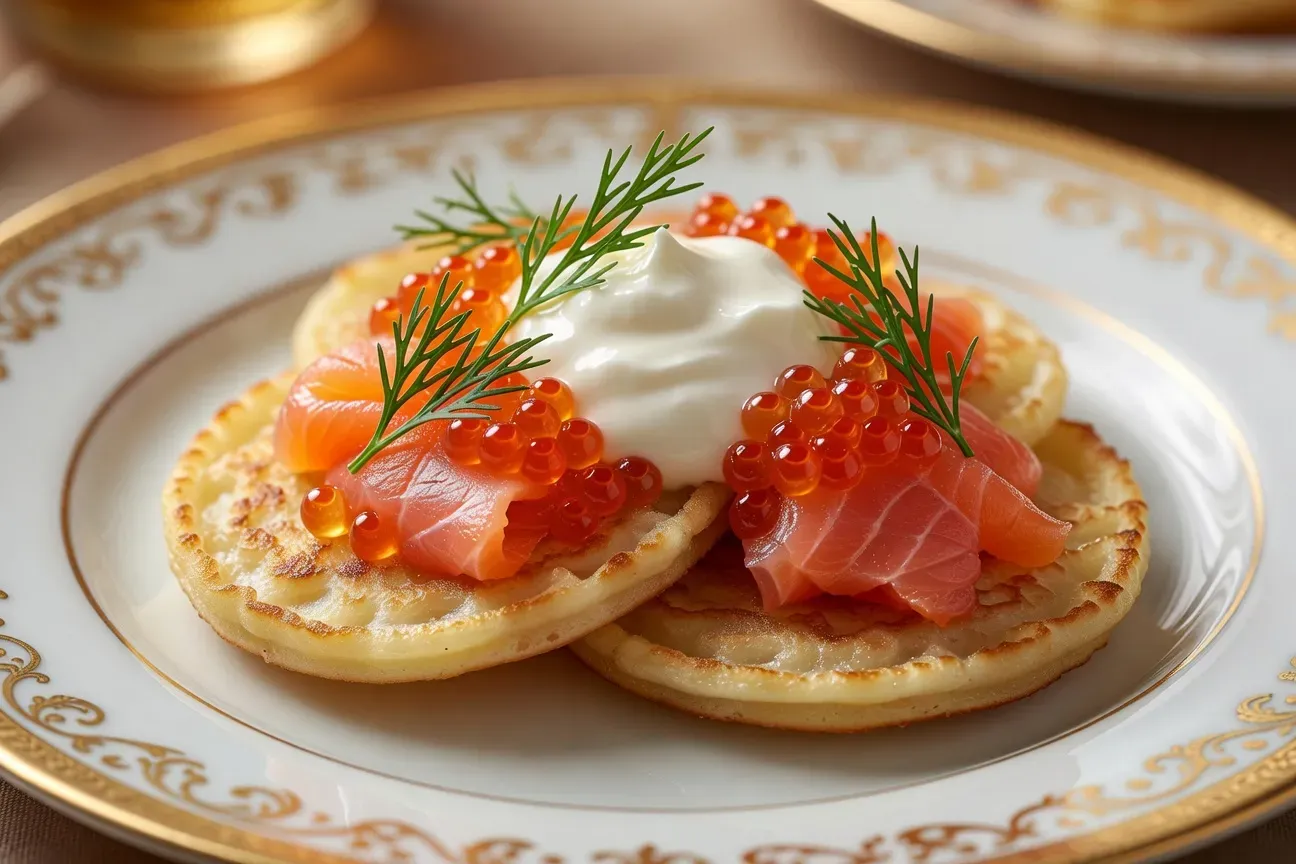 Blinis fins garnis de poisson et de crème pour un repas commémoratif