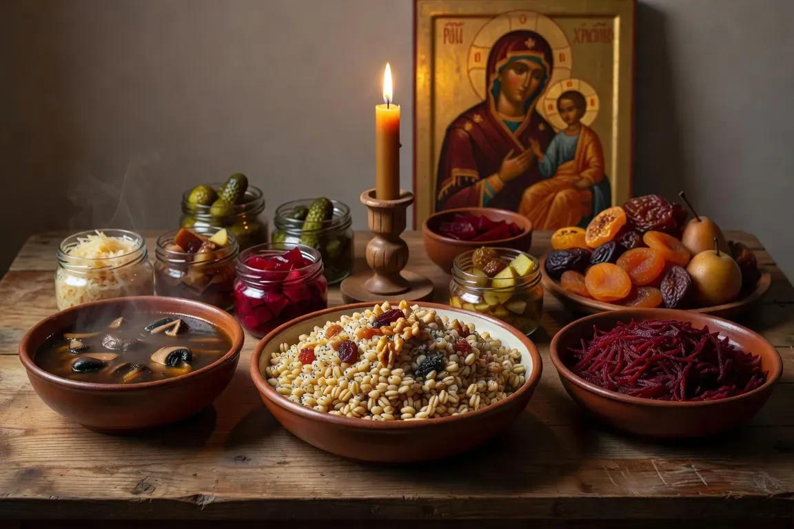 Assortiment de plats traditionnels russes sur une table de pominki