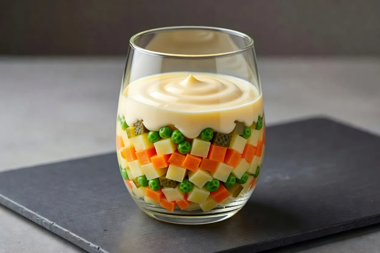 Verrine individuelle de salade Olivier russe avec petits dés de légumes et mayonnaise