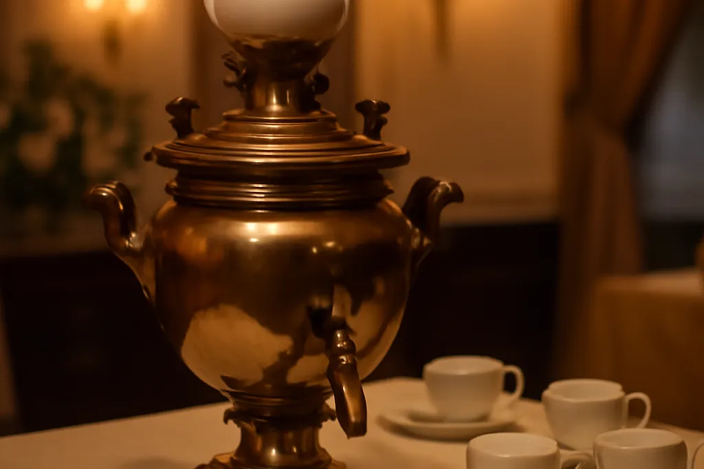 Samovar traditionnel russe sur une table de réception avec théière de zavarka et tasses en porcelaine