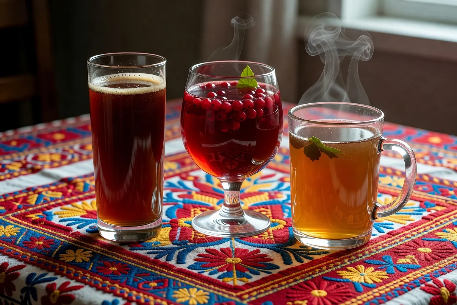 Samovar en cuivre traditionnel fumant au centre d'un buffet russe avec verres à thé à la russe