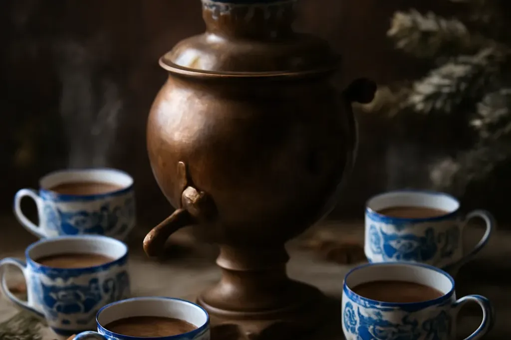 Urne de sbiten chaud au miel et aux épices avec petites tasses pour un service d'hiver
